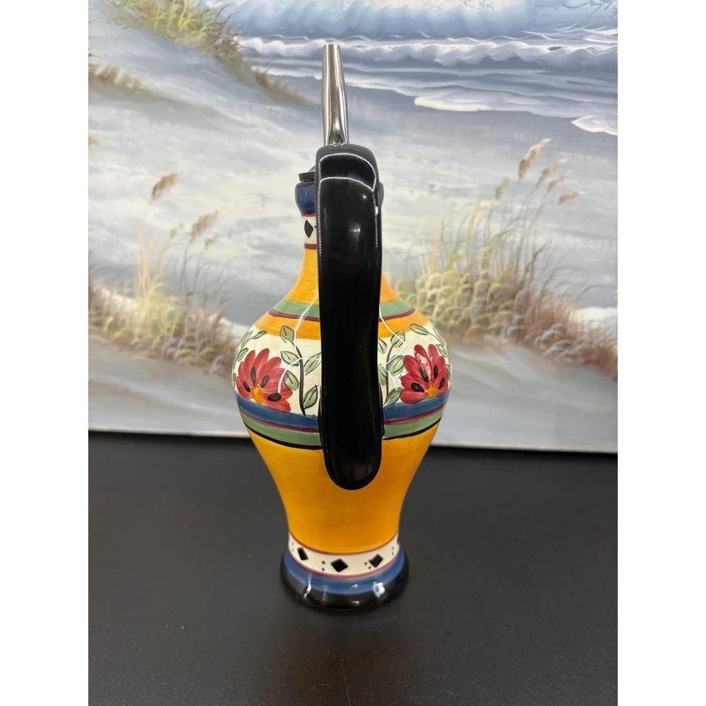 Pier 1 Alexandria Hand Painted Earthenware Oil Vinegar Cruet Floral Yellow Red